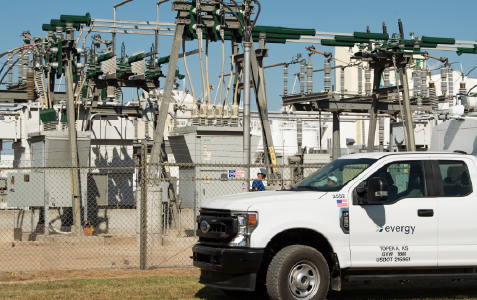 Evergy truck parked next to a distribution substation