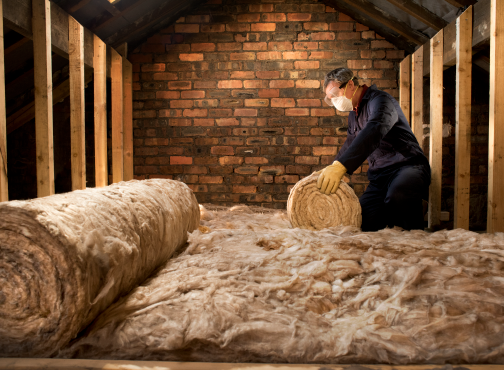 man with a protective mask rolling out home insulation